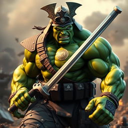 A powerful character that blends attributes of the Hulk and a soldier, holding a sword and wearing a samurai helmet