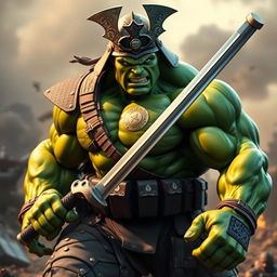 A powerful character that blends attributes of the Hulk and a soldier, holding a sword and wearing a samurai helmet