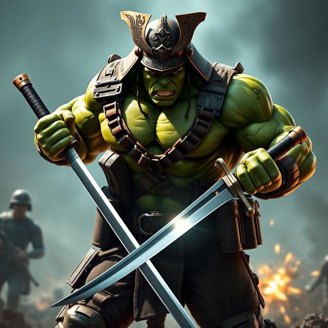 A powerful character that blends attributes of the Hulk and a soldier, holding a sword and wearing a samurai helmet