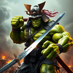 A powerful character that blends attributes of the Hulk and a soldier, holding a sword and wearing a samurai helmet