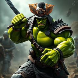 A powerful character that blends attributes of the Hulk and a soldier, holding a sword and wearing a samurai helmet