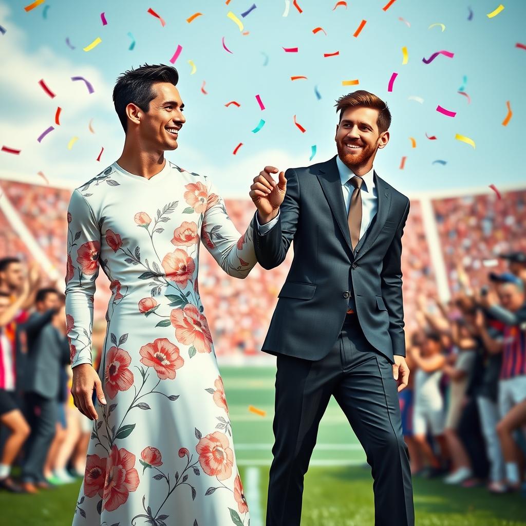 A surreal and humorous depiction of a fictional scene where Cristiano Ronaldo is transformed into Lionel Messi's wife