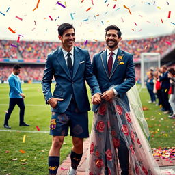 A surreal and humorous depiction of a fictional scene where Cristiano Ronaldo is transformed into Lionel Messi's wife