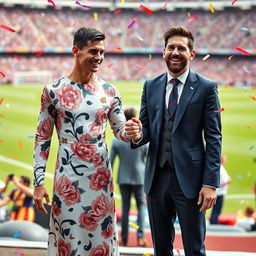 A surreal and humorous depiction of a fictional scene where Cristiano Ronaldo is transformed into Lionel Messi's wife