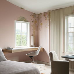 A spacious bedroom featuring a modern desk by a large window, with a tastefully decorated wall adding to the interior aesthetics