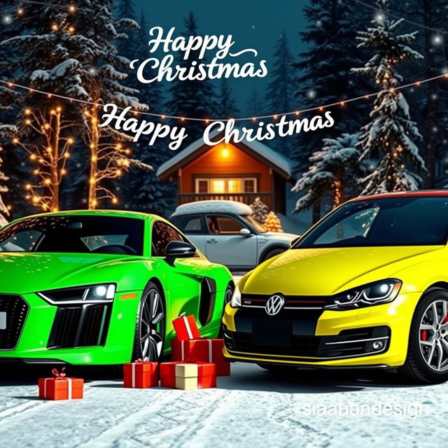 A festive scene featuring two iconic cars, a vibrant green Audi R8 and a sleek VW Golf GTI, parked side by side on a snowy road