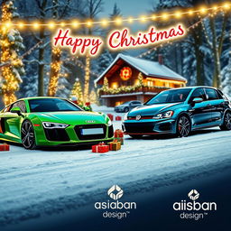 A festive scene featuring two iconic cars, a vibrant green Audi R8 and a sleek VW Golf GTI, parked side by side on a snowy road