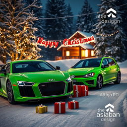 A festive scene featuring two iconic cars, a vibrant green Audi R8 and a sleek VW Golf GTI, parked side by side on a snowy road