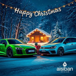 A festive scene featuring two iconic cars, a vibrant green Audi R8 and a sleek VW Golf GTI, parked side by side on a snowy road