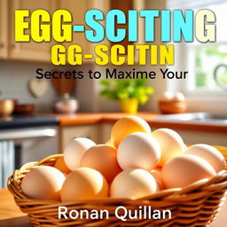 A realistic image of a sunny, vibrant kitchen, featuring a basket filled with fresh eggs