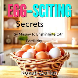 A realistic image of a sunny, vibrant kitchen, featuring a basket filled with fresh eggs