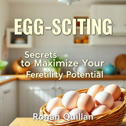 A realistic image of a sunny, vibrant kitchen, featuring a basket filled with fresh eggs