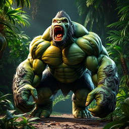 A powerful and imposing creature that combines features of a gorilla and the Hulk