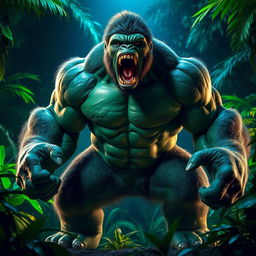 A powerful and imposing creature that combines features of a gorilla and the Hulk