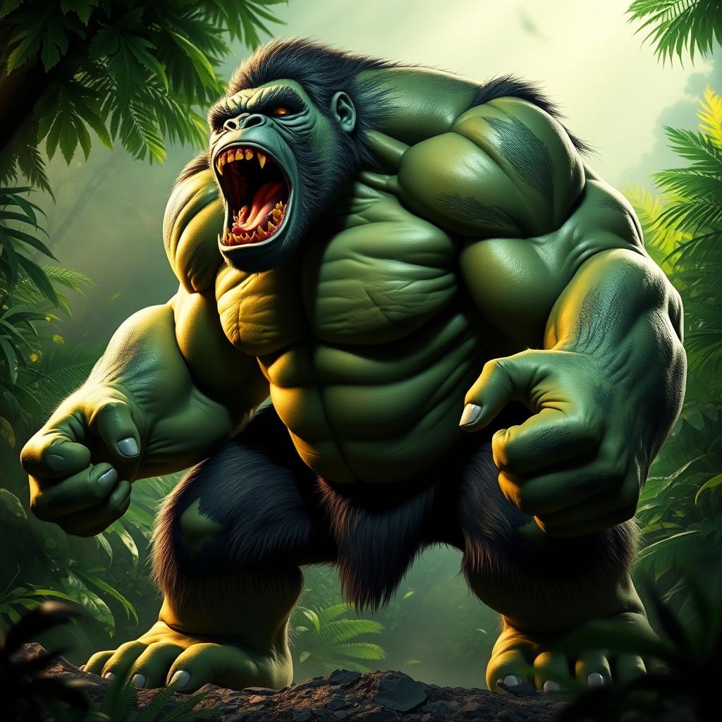 A powerful and imposing creature that combines features of a gorilla and the Hulk