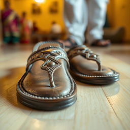 A close-up shot of a pair of Kolhapuri chappals, beautifully crafted and intricately designed, resting on a light-colored wooden floor