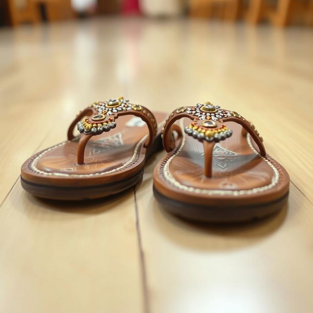 A close-up shot of a pair of Kolhapuri chappals, beautifully crafted and intricately designed, resting on a light-colored wooden floor