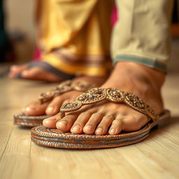 A close-up shot of a pair of Kolhapuri chappals, beautifully crafted and intricately designed, resting on a light-colored wooden floor
