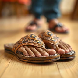 A close-up shot of a pair of Kolhapuri chappals, beautifully crafted and intricately designed, resting on a light-colored wooden floor