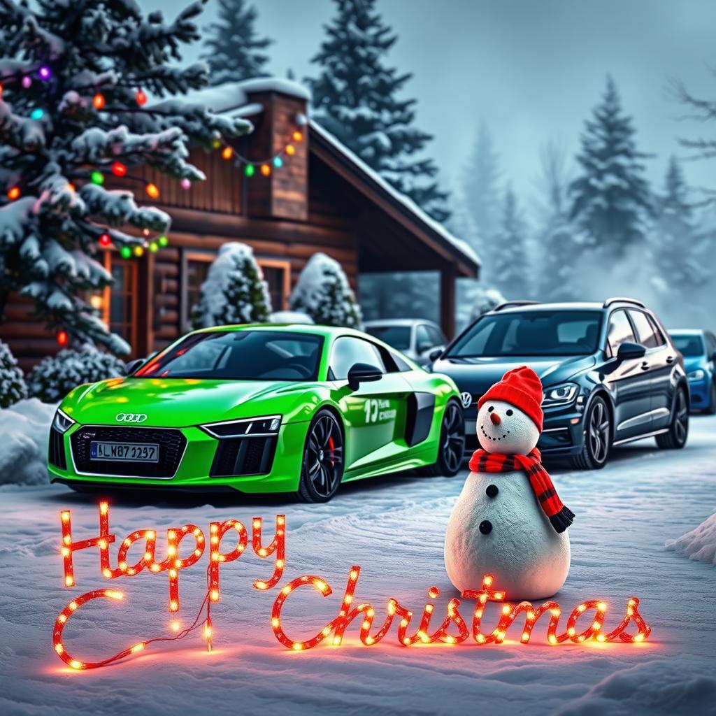 A festive scene featuring a vibrant green Audi R8 and a classic VW Golf GTI parked in a snow-covered street adorned with colorful Christmas lights