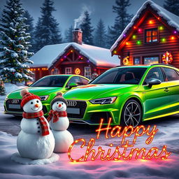 A festive scene featuring a vibrant green Audi R8 and a classic VW Golf GTI parked in a snow-covered street adorned with colorful Christmas lights
