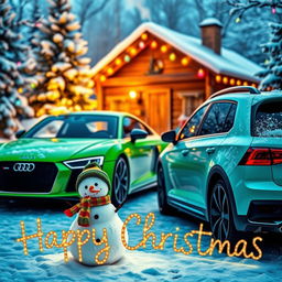A festive scene featuring a vibrant green Audi R8 and a classic VW Golf GTI parked in a snow-covered street adorned with colorful Christmas lights