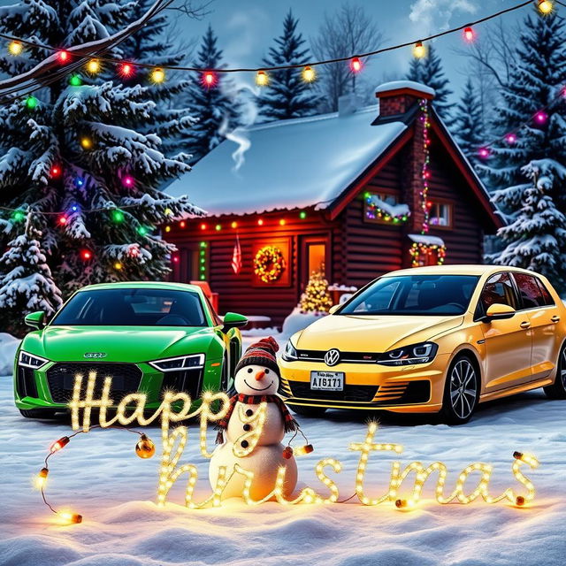 A festive scene featuring a vibrant green Audi R8 and a classic VW Golf GTI parked in a snow-covered street adorned with colorful Christmas lights