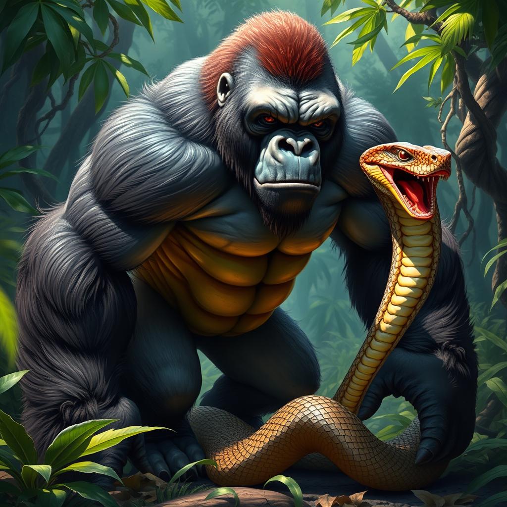 A fantastical fusion of a gorilla and a snake, showcasing the powerful muscular body of the gorilla seamlessly merging with the elongated, scaly form of a snake