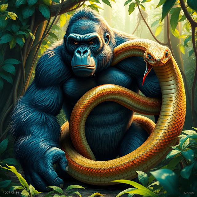 A fantastical fusion of a gorilla and a snake, showcasing the powerful muscular body of the gorilla seamlessly merging with the elongated, scaly form of a snake