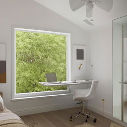 A spacious bedroom featuring a modern desk by a large window, with a tastefully decorated wall adding to the interior aesthetics