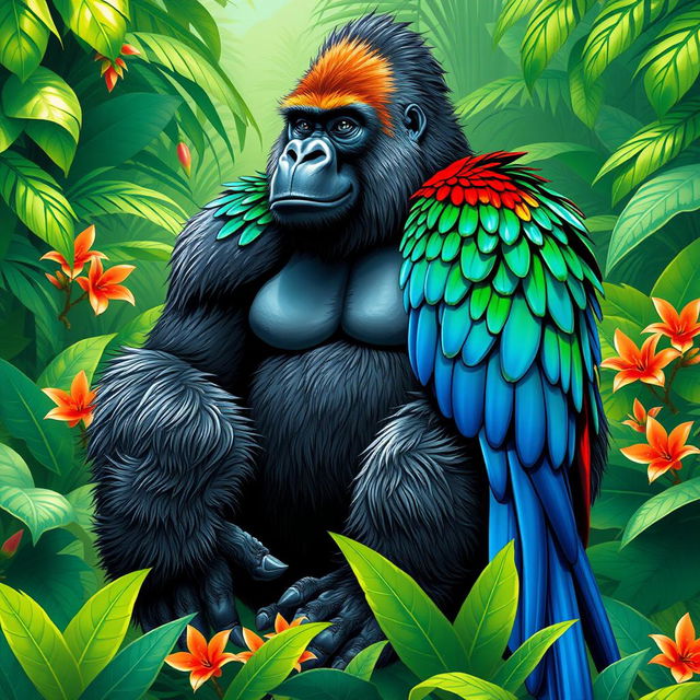 A majestic and powerful creature that is a hybrid of a gorilla and a macaw, featuring the muscular build and strong physique of a gorilla with vibrant, colorful feathers similar to those of a macaw