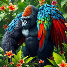 A majestic and powerful creature that is a hybrid of a gorilla and a macaw, featuring the muscular build and strong physique of a gorilla with vibrant, colorful feathers similar to those of a macaw