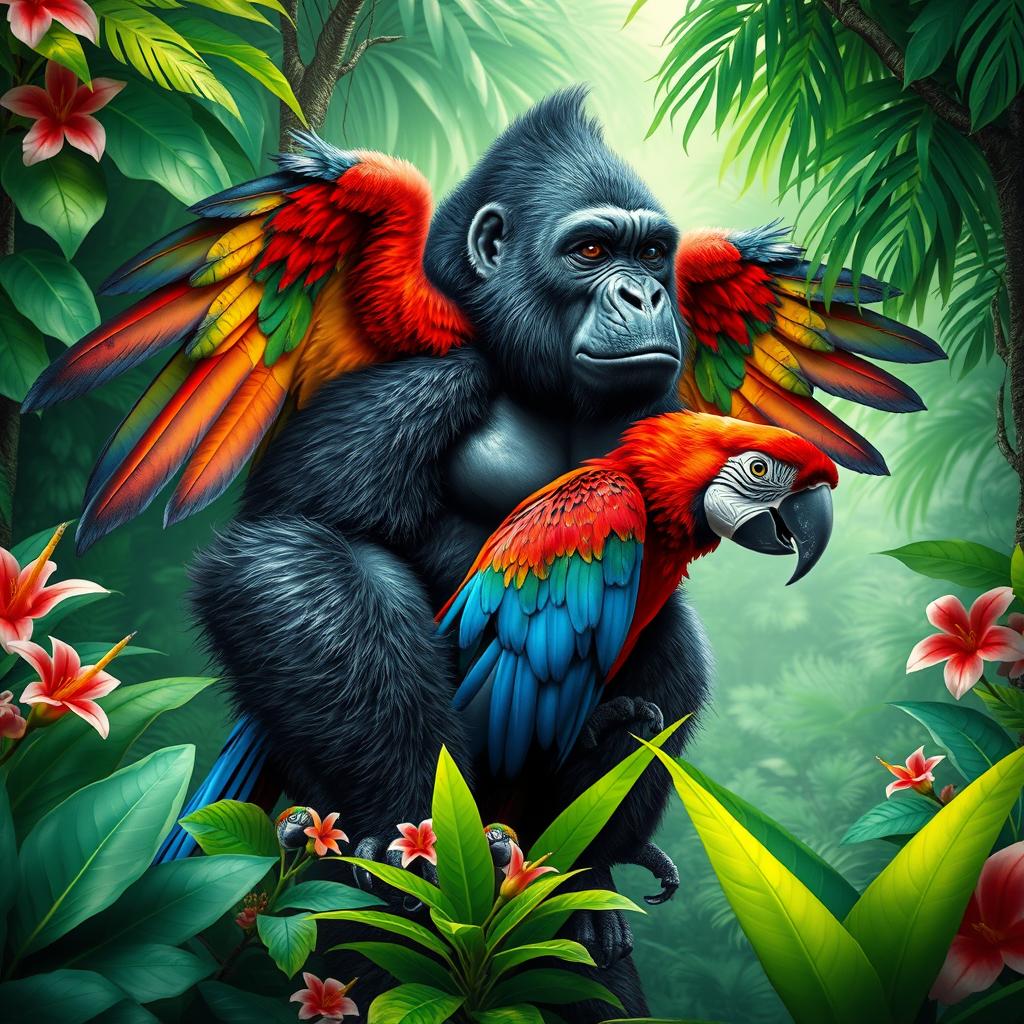 A majestic and powerful creature that is a hybrid of a gorilla and a macaw, featuring the muscular build and strong physique of a gorilla with vibrant, colorful feathers similar to those of a macaw