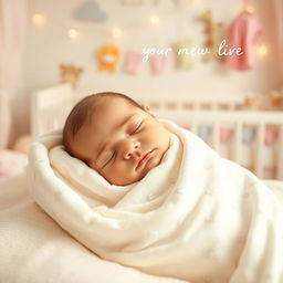 A beautiful, serene image of a newborn baby peacefully sleeping, wrapped in a soft, white blanket with delicate patterns