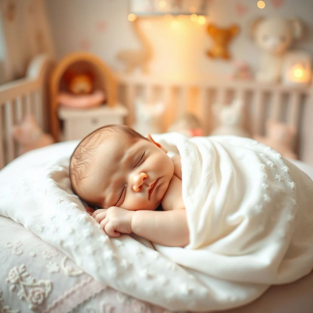 A beautiful, serene image of a newborn baby peacefully sleeping, wrapped in a soft, white blanket with delicate patterns