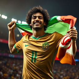 A striking portrait of a famous Brazilian football player holding the Iranian flag, showcasing a dynamic expression of joy and pride