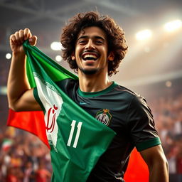 A striking portrait of a famous Brazilian football player holding the Iranian flag, showcasing a dynamic expression of joy and pride