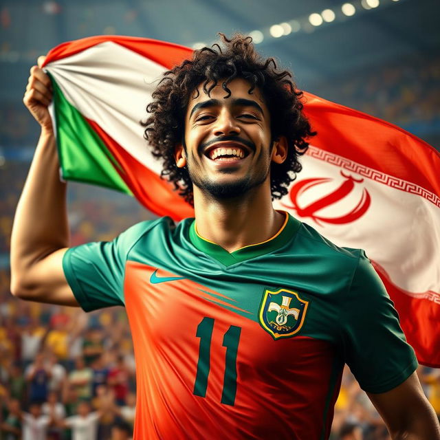 A striking portrait of a famous Brazilian football player holding the Iranian flag, showcasing a dynamic expression of joy and pride