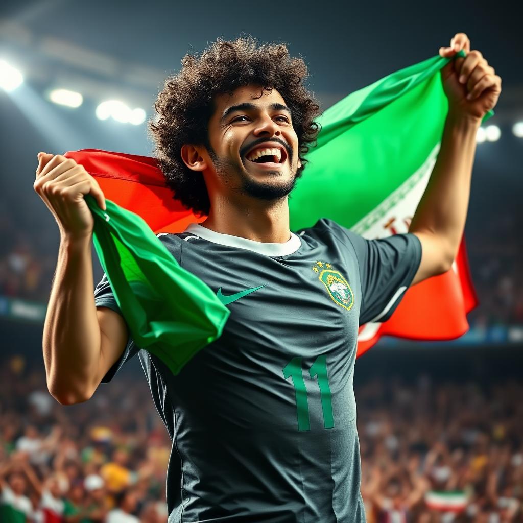 A striking portrait of a famous Brazilian football player holding the Iranian flag, showcasing a dynamic expression of joy and pride