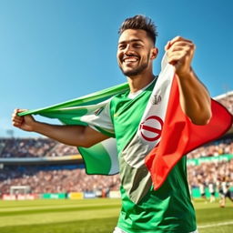 A portrait of a soccer player resembling Neymar, proudly holding the Iranian flag