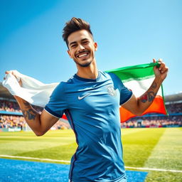 A portrait of a soccer player resembling Neymar, proudly holding the Iranian flag