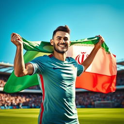 A portrait of a soccer player resembling Neymar, proudly holding the Iranian flag