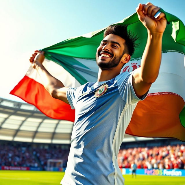 A portrait of a soccer player resembling Neymar, proudly holding the Iranian flag