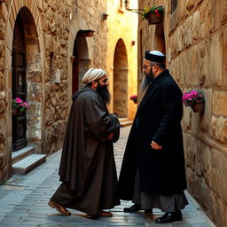 Two ancient men, one Muslim wearing a traditional long robe and kufi, and the other Jew in a classic black coat and kippah, passing each other face to face in a narrow, cobblestone street