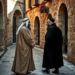 Two ancient men, one Muslim wearing a traditional long robe and kufi, and the other Jew in a classic black coat and kippah, passing each other face to face in a narrow, cobblestone street