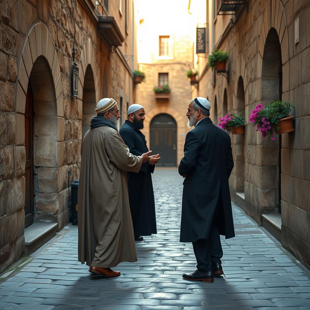 Two ancient men, one Muslim wearing a traditional long robe and kufi, and the other Jew in a classic black coat and kippah, passing each other face to face in a narrow, cobblestone street