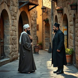 Two ancient men, one Muslim wearing a traditional long robe and kufi, and the other Jew in a classic black coat and kippah, passing each other face to face in a narrow, cobblestone street