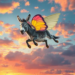 A majestic winged donkey soaring through a vibrant sky, featuring large, colorful wings that resemble those of a butterfly