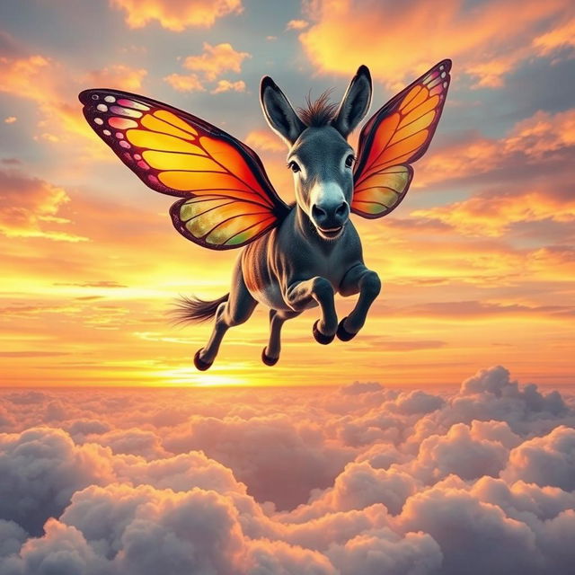 A majestic winged donkey soaring through a vibrant sky, featuring large, colorful wings that resemble those of a butterfly