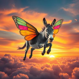 A majestic winged donkey soaring through a vibrant sky, featuring large, colorful wings that resemble those of a butterfly